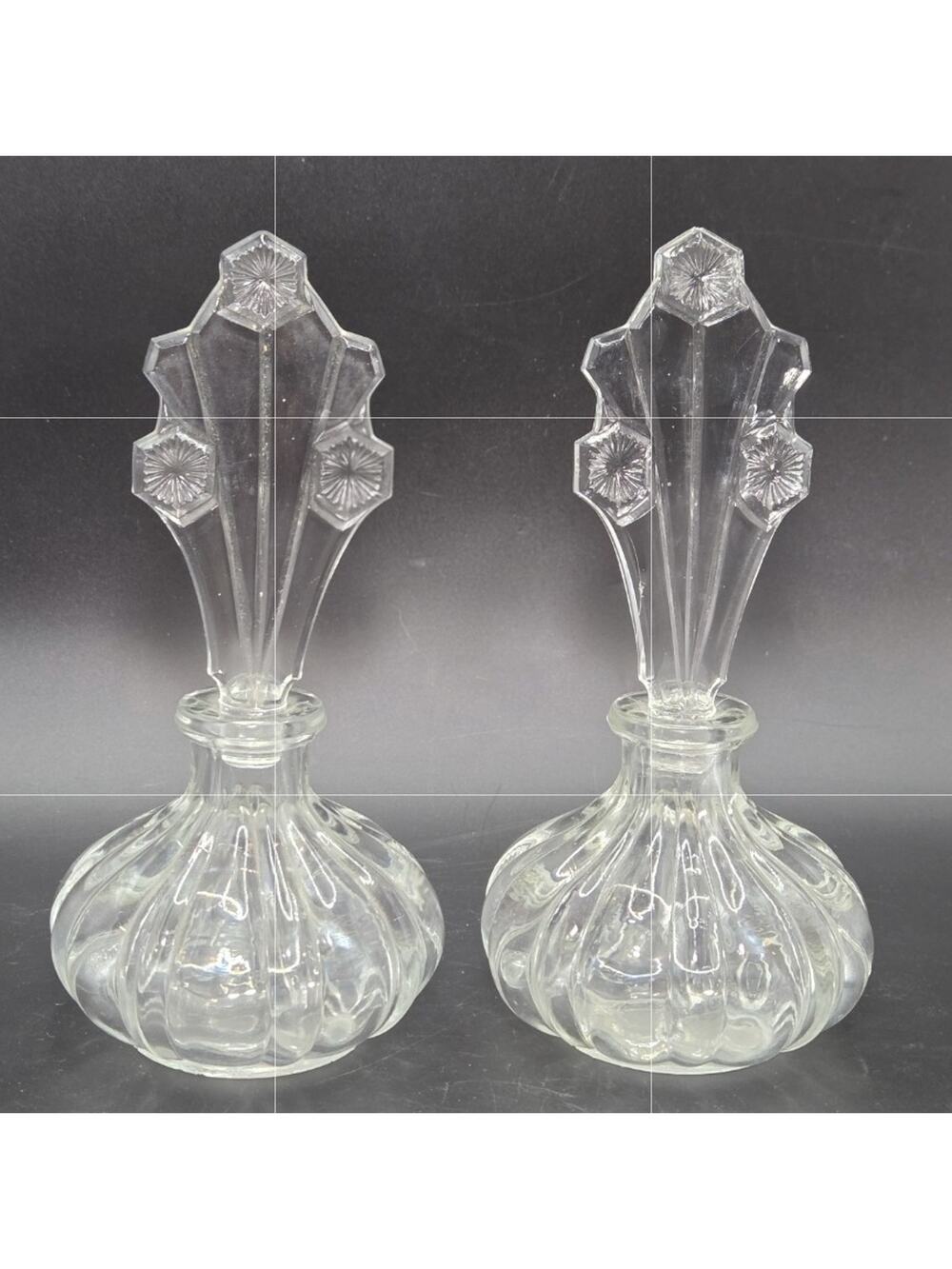 2 Vintage Art Deco Pressed Glass Clear Perfume Bottles With Fan Style Stopper